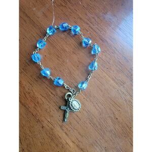 Christian Cross Pendant Bracelet Blue Glass Bead Religious First Communion